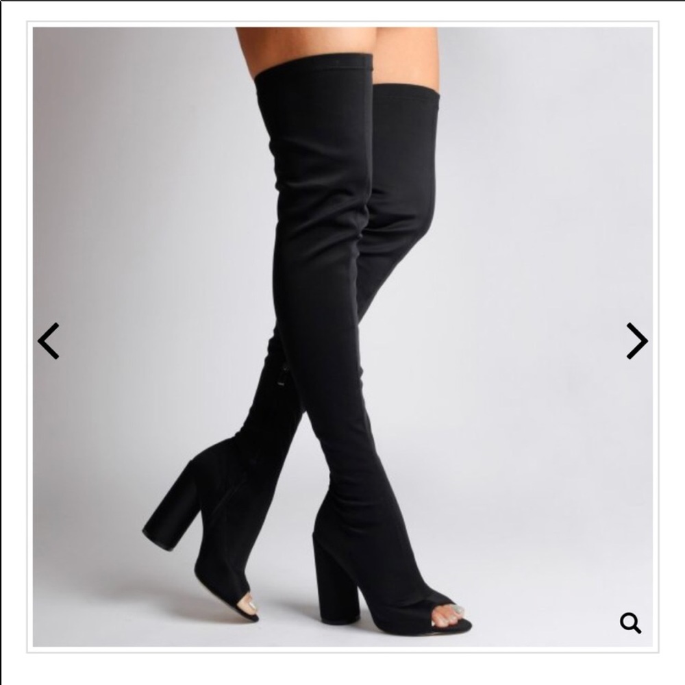 Cindy Thigh High Peep Toe Boots in Black Lycra
